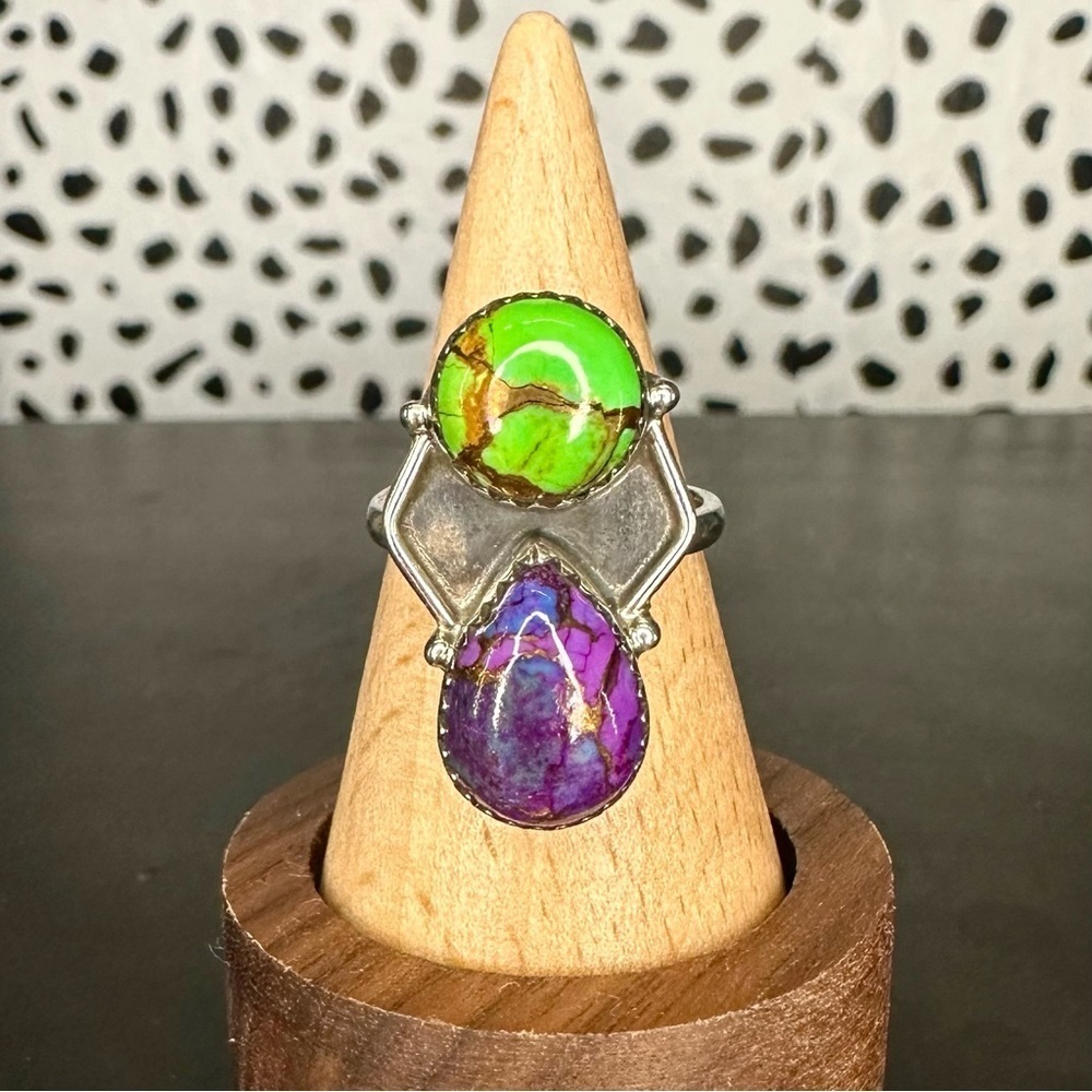 Sterling Silver Mojave Turquoise Purple and Green Two Stone Size 7